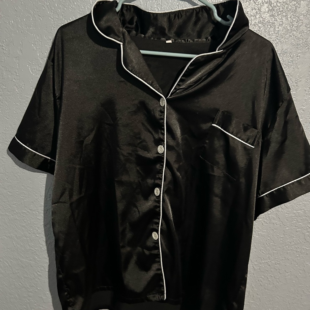Elegant Black Satin Pajama Top with White Trim